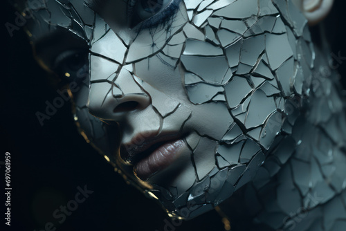 The distorted reflection in a cracked mirror, revealing a face marked by the fragmented facets of a disturbed psyche. Concept of psychological disintegration. Generative Ai.