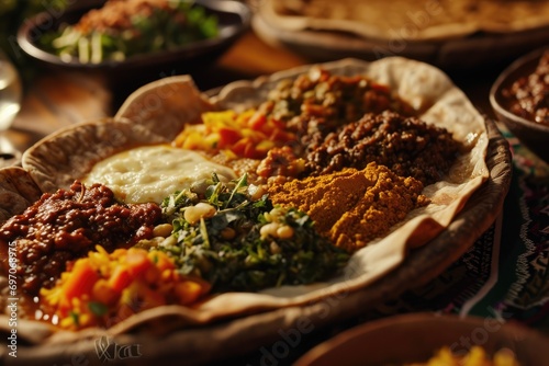 Savoring Ethiopia: A Culinary Odyssey Unfolds on an Injera-Lined Platter, Displaying the Heart of Ethiopian Cuisine with Spongy Teff Flatbreads and a Medley of Authentic, Spicy, and Delicious East Afr photo