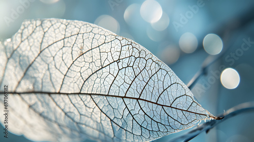 Beautiful white skeletonized leaf on light blue background with round bokeh. Expressive artistic image of beauty and purity of nature. photo