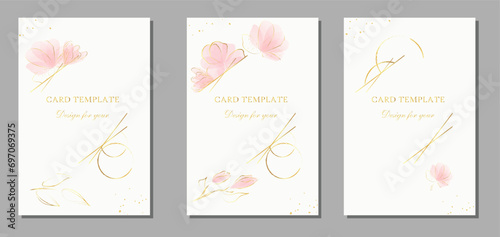 Rose flowers watercolor and gold texture, rings. Wedding invitation vector set. Luxury background and template layout design for invitation card, luxury invitation card and cover template.
 photo