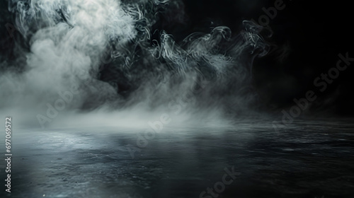 Empty dark background with smoke or fog on the floor. © Sticker