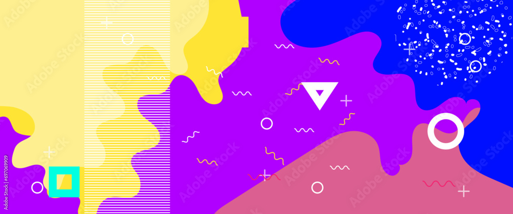 Colorful colourful abstract pop art banner with memphis geometric pattern and shapes liquid wave. 80-90s style. Vector illustration. Trendy Pop Art Memphis 80s-90s style