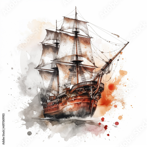 Watercolor Painting Style Pirate Ship Vessel