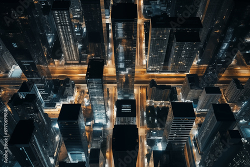 Aerial view of megapolis at night. Drone view, skyscrapers, urban architecture. Cityscape at nighttime. Downtown view of big city. photo