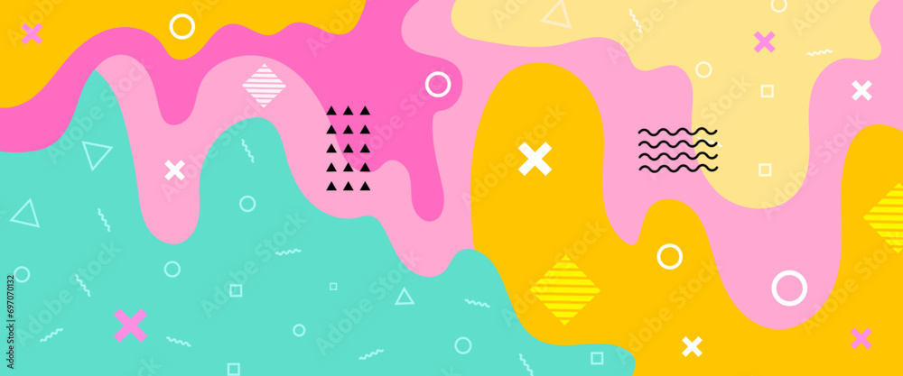 Colorful colourful fun pop art design banner with geometric and memphis pattern vector illustration. Trendy Pop Art Memphis 80s-90s style Colorful colourful fun pop art design banner with geometric and memphis pattern vector illustration. Trendy Pop Art Memphis 80s-90s style