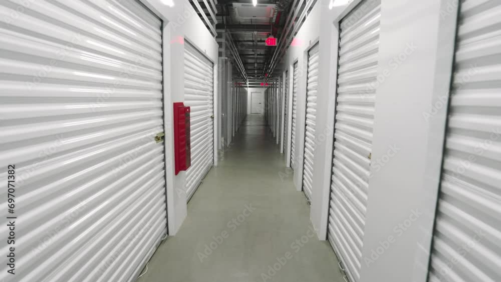 Walking along deserted clean long corridor with a narrow passage, automatic lighting, fire safety, fire extinguisher. Secure and reliable storage solutions. High quality 4k footage Walking along deserted clean long corridor with a narrow passage, automatic lighting, fire safety, fire extinguisher. Secure and reliable storage solutions. High quality 4k footage