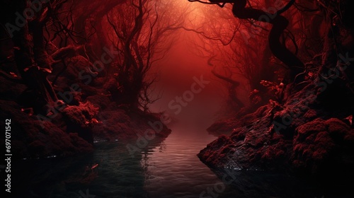 red dark fantasy mistical forest photo
