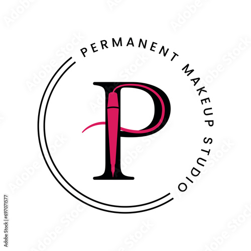 Black and Pink Isolated Creative Logo For Permanent Makeup Artist Or Beauty Studio, Letter P, Minimalist Style, Round Version Of Logo. A machine for permanent makeup, a tattoo pen. Vector EPS10