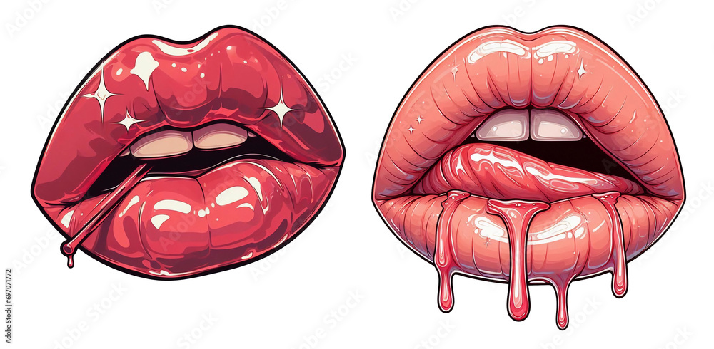 Red woman lips, cartoon style on white. - obrazy, fototapety, plakaty 