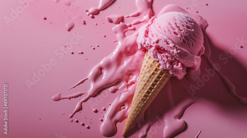 A cone with strawberry ice cream, fallen on a pink floor, summer dessert, food photography  photo