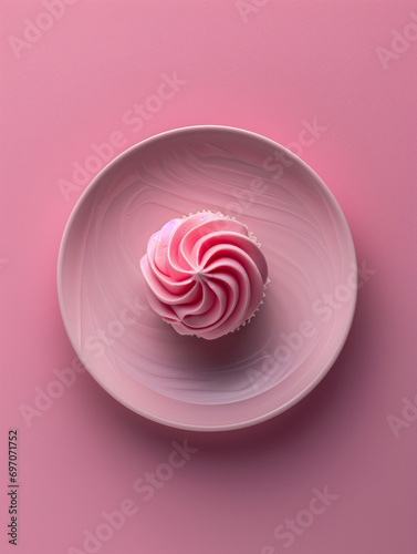 Pink muffin with icing on a pink plate, isolated on a pink background - food photography, dessert 