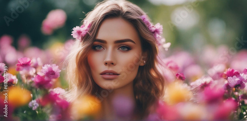 Beautiful attractive brunette with flowers. Fashion beautiful makeup, clean skin, facial care. Portrait of young beautiful woman with perfect skin. 