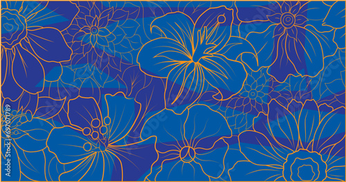 several flowers background design drawing blue orange