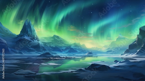 the Northern Lights dancing over a frozen Arctic landscape, illuminating icebergs and snowy plains in ethereal shades of green and blue