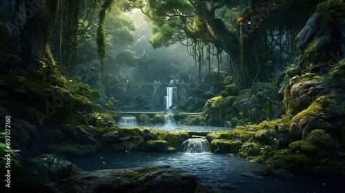 scene set in a fantasy world, hidden realm nestled within ancient forests, where mystical beings dwell, protected by powerful enchantments, and where time seems to stand still © Boraryn