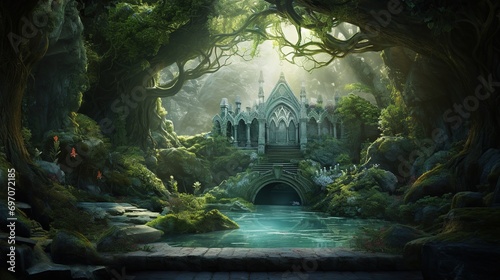 scene set in a fantasy world, hidden realm nestled within ancient forests, where mystical beings dwell, protected by powerful enchantments, and where time seems to stand still