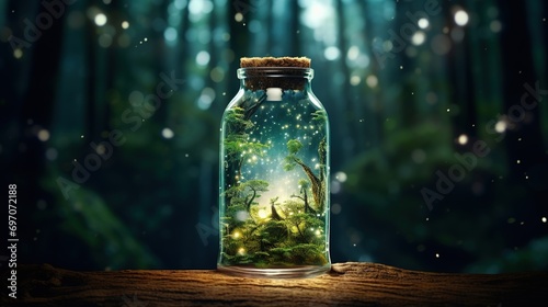 surreal, milkyway in a glass bottle, forest setting, night time, focus blur, 8K, unreal engine, octane render