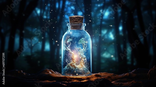 surreal, milkyway in a glass bottle, forest setting, night time, focus blur, 8K, unreal engine, octane render © Boraryn