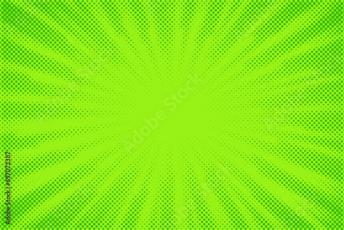 Green comic background. Art pop cartoon light backdrop. Halftone effect pattern. Fun anime texture. Starburst manga style bg. Mark popart radial gradient. Bright abstract color. Vector illustratio