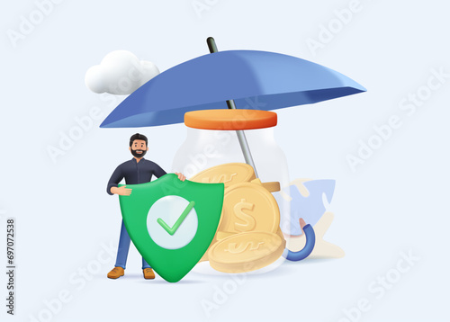 Financial insurance 3D illustration. Character protects finances by insurance against loss of money. Business and finance concept. Vector illustration 3D