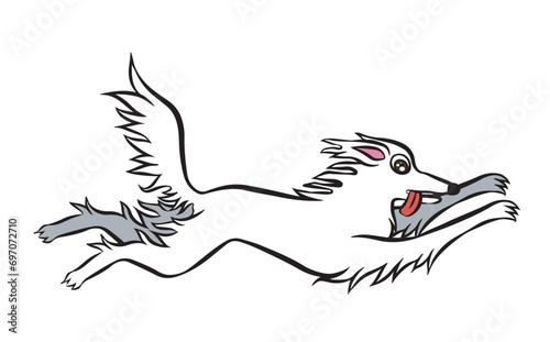  Cute white borzoi dog meme. Cartoon illustration of dog whose snout is quite long. It is running and flying and happy. Vector isolated on transparent background
