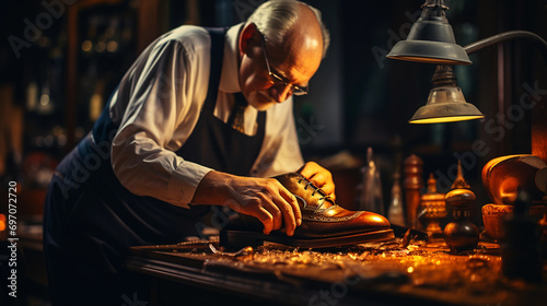 The master makes shoes from leather. Handmade