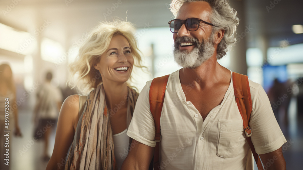 Stylish senior attractive couple are waiting in airport to fly on a weekend