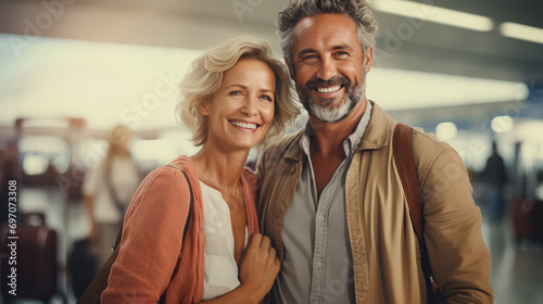 Stylish senior attractive couple are waiting in airport to fly on a weekend