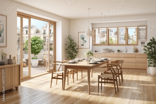 Scandinavian Minimalist Apartment with Light Neutral Colors and Natural Wood Accents. Stylish and botany dining room with large balcony.