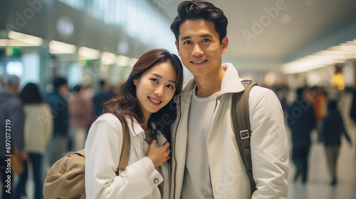 An attractive and joyful Asian couple of travelers are flying by plane