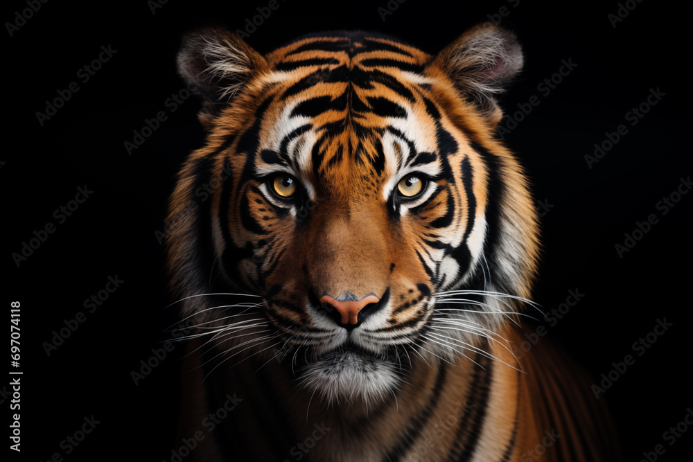 portrait of bengal tiger head looking at camera on black background