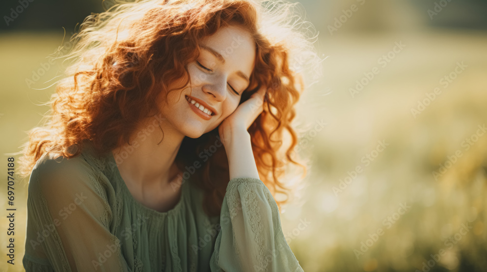 A joyful redhead woman with eyes closed, smiling in a sunlit field, wearing a green dress.