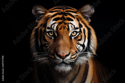 portrait of bengal tiger head looking at camera on black background