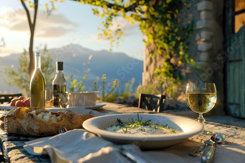 Fototapeta Naklejka Na Ścianę i Meble -  Culinary Oasis: Savory Delights Unfold as Brandade de Morue Takes Center Stage on a Picturesque Cafe Terrace, Blending French Mediterranean Flavors with Al Fresco Dining Pleasures.

