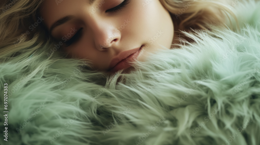 person resting peacefully with their face nestled in a soft, fluffy, light green pillow or blanket.