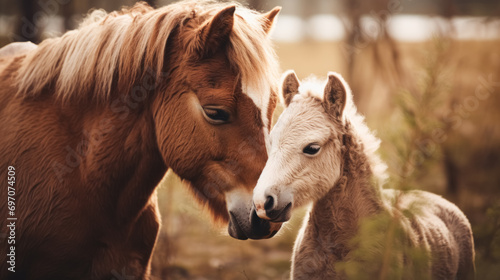 A brown horse and its foal share a tender moment in a field. photo