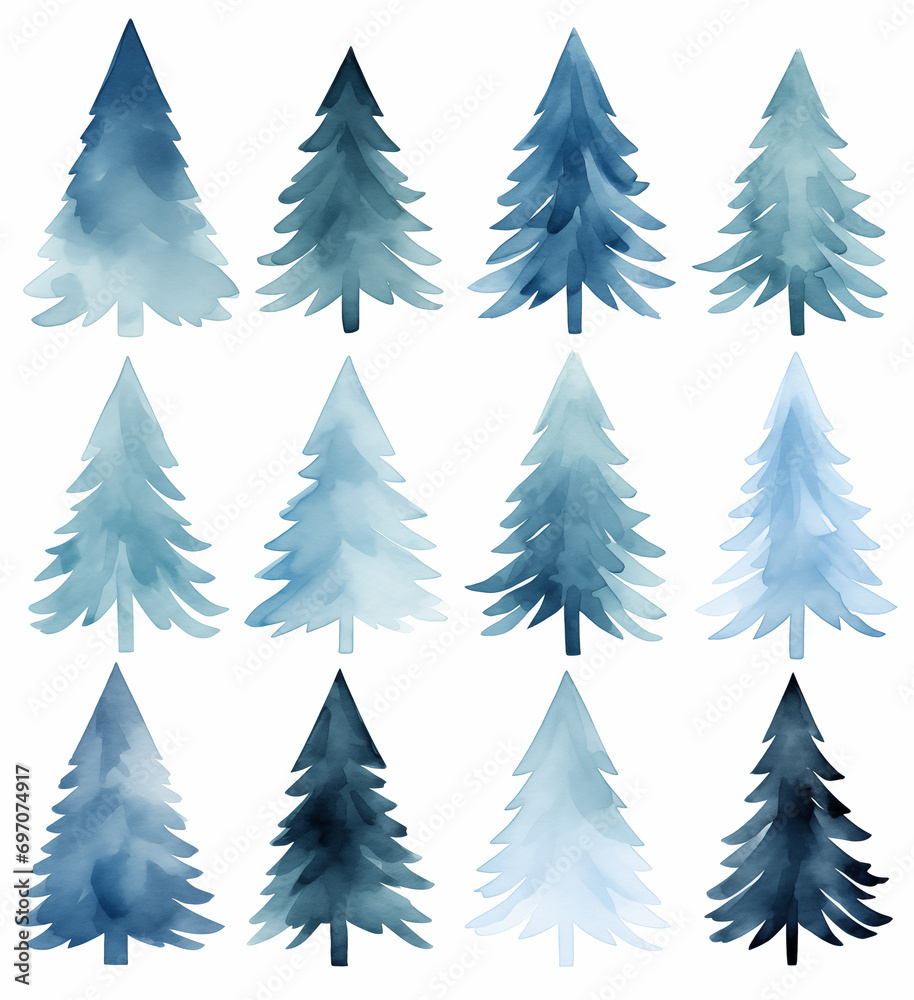 collection  of trees pattern watercolor	