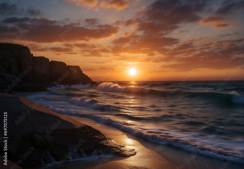 Obraz premium red sunset on the sea, shoreline red sky, waves