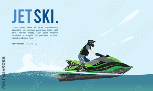 Premium editable vector file of jetski or personal watercraft with beautiful beach sea scene in the background best for your digital design and print mockup