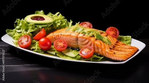 grilled salmon fish fillet and fresh green lettuce vegetable tomato salad with avocado AI Generative