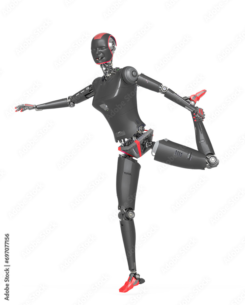 female cyborg is stretching