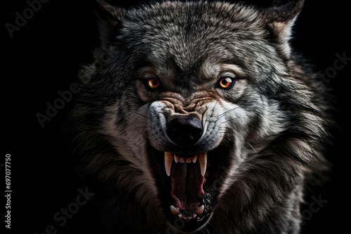 Angry grinning wolf (Canis lupus) on black background. Growling muzzle of a wolf. Banner about wild animal with copy space