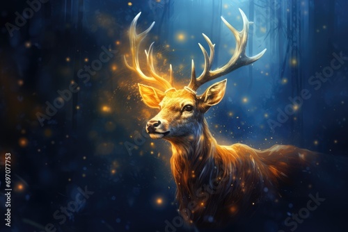 Red deer stag in the winter night forest. Noble deer male. Banner with beautiful animal and magic lights. Wildlife scene from the wild nature snowy landscape. Wallpaper, Christmas background