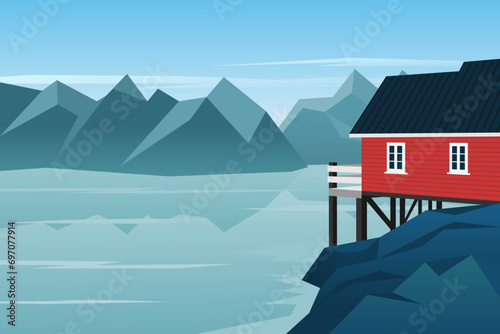 Wooden house exterior with beautiful lake and mountain landscape. Norway. Red house. Scandinavian. Vector illustration.