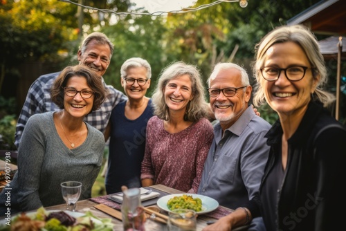 Portrait of happy senior friends having dinner together in garden at home