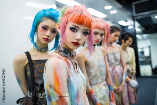 Models pose in the backstage just before Francesca Liberatore show during Milan Women's Fashion Week in Milan. photo