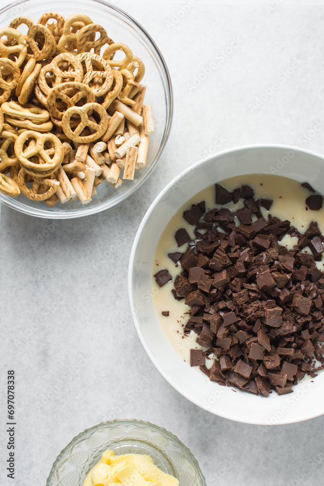 mise en place of ingredients for making chocolate pretzel fudge, process of making chocolate fudge mise en place of ingredients for making chocolate pretzel fudge, process of making chocolate fudge