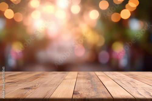 Empty wooden table top with lights bokeh on blur background. 3d render illustration. Generative AI.