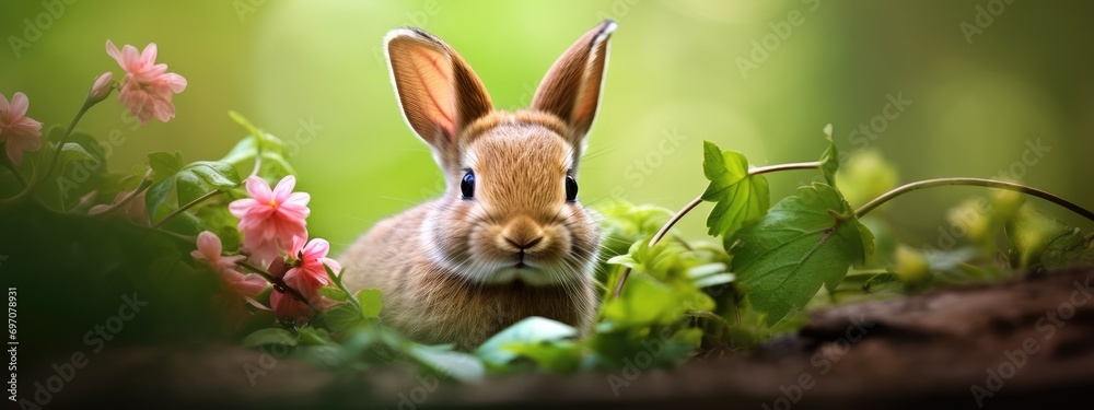 Little bunny hiding in flowers in sunny day. Cute fluffy rabbit on the ...