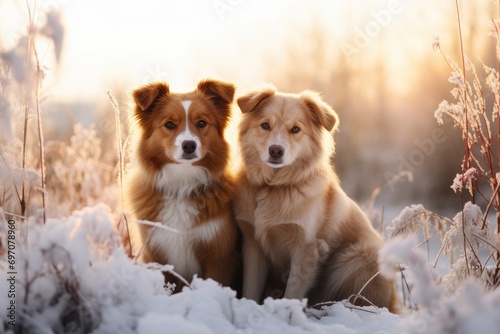 Two cute young dogs playing in the snow in sunny day. Dogs in winter forest, walking in the park. Funny Christmas concept. Banner with pet